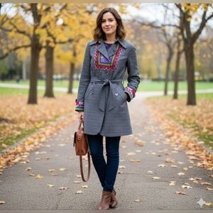 Custo Barcelona Vintage Plaid Double Breasted Belted Coat Embroidered Size 10